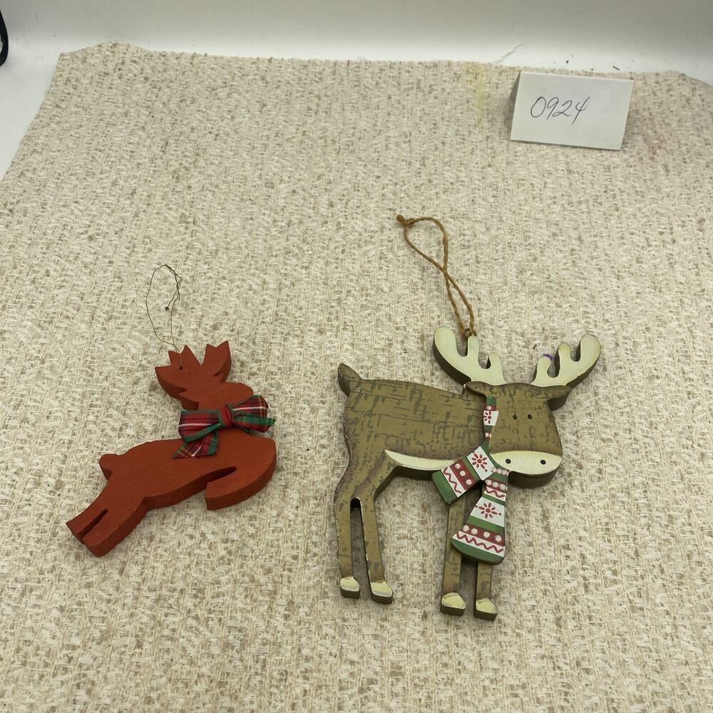 Wooden Hanging Red Reindeer and Moose Christmas Ornaments Approx 6”